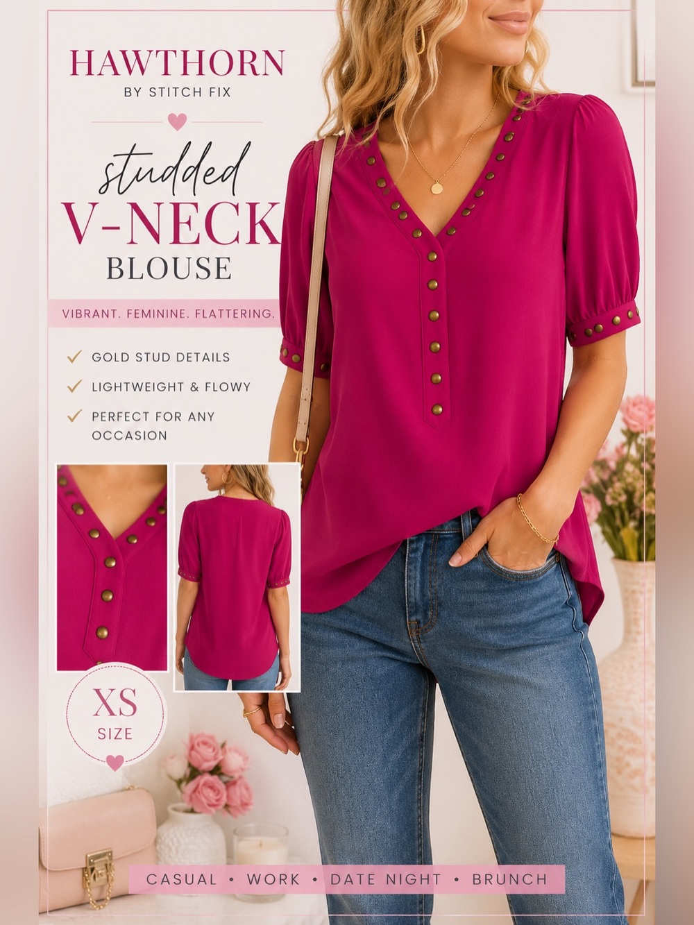 Hawthorn Stitch Fix Fuchsia Studded V-Neck Blouse XS Pink Short Sleeve Top